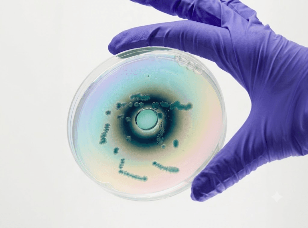 A hand wearing a purple glove holding an iridescent culture dish.