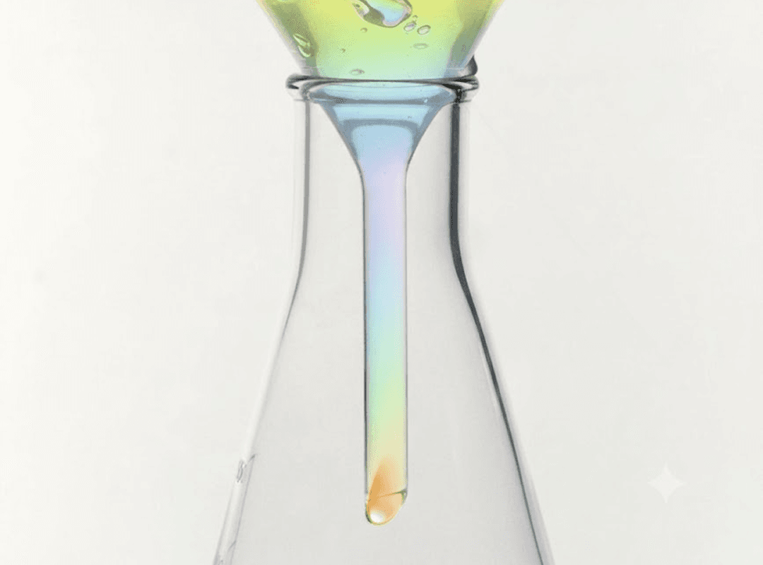 An iridescent liquid flowing into a laboratory flask.