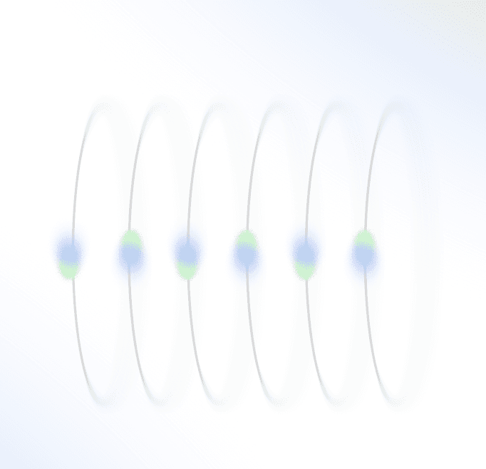 Abstract visualization of experimental validation featuring orbits and green and blue dots.