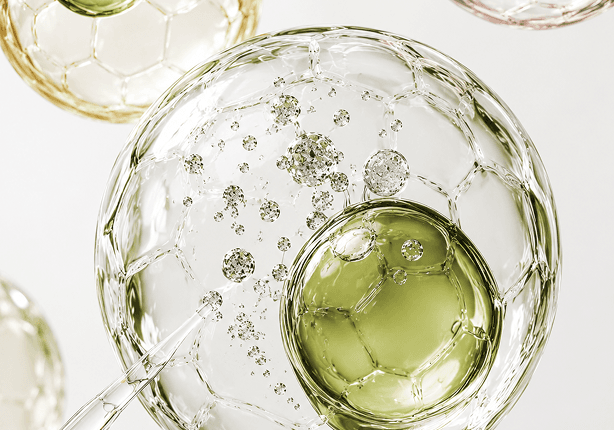 Translucent plant cells with green bubbles in a laboratory preparation.