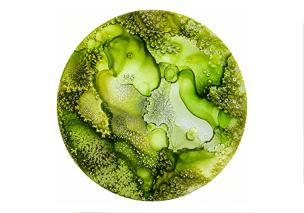 A circular view of a green matrix with bubbles and organic textures.